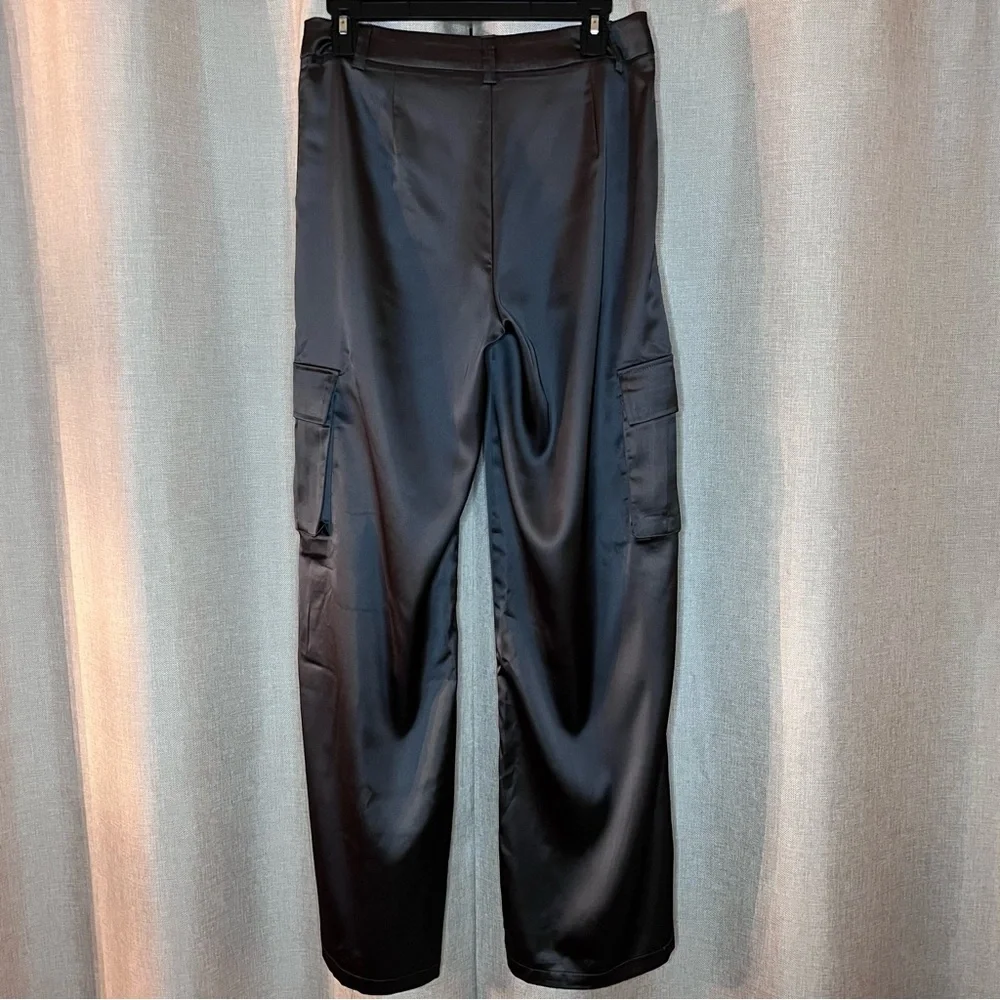 Wide Leg Satin Cargo Pants in Charcoal Gray - Picture 7 of 8